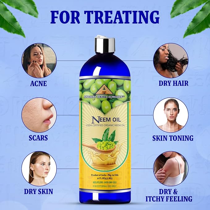 Cold-Pressed Unrefined USDA Certified Organic Neem Oil by Ancient Health Remedies Pure & All Natural-Excellent Bulk Carrier Oil For Anti-aging, Healthy Hair & Skin (INDIA) (16 oz)