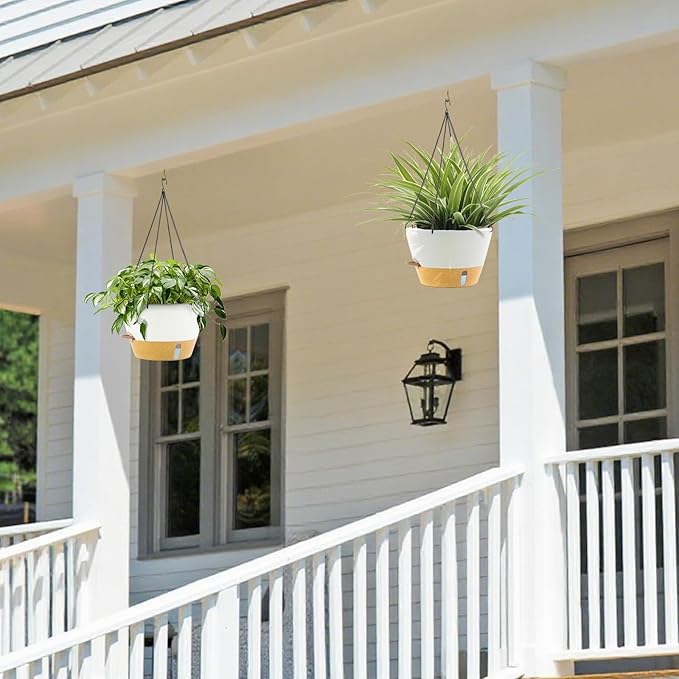 ZMTECH 2 Pack 12 Inch Hanging Planters for Indoor Plants, Large White Self Watering Hanging Planter with Visible Water Level & Removable Tray, Decorative Flower Pots for Outdoor Garden
