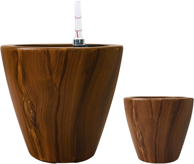 Set of 2, Smart Self-Watering Planters for Indoor and Outdoor - Round, Imitation Wood