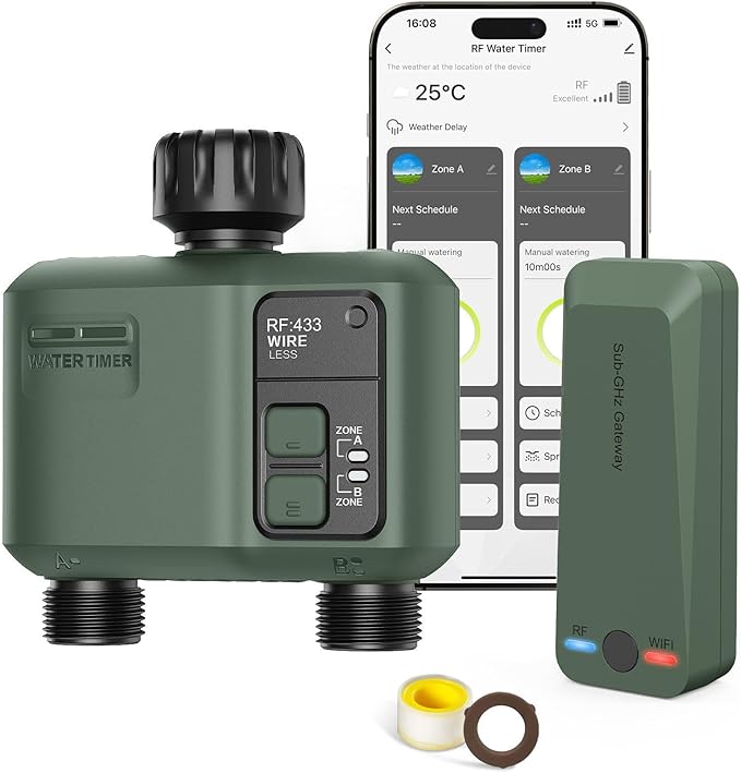 WiFi Water Timer 2 Zone for Garden Hose, Smart Sprinkler Timer with 984ft RF Range, Smart Lawn Watering System Irrigation Controller, APP/Voice Control, Rain Delay, Automatic/Manual Irrigation