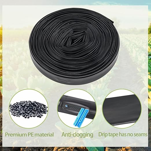 100 ft 5/8" Drip Irrigation Tape Kit Emitter Spacing 6" with 20PCS Drip Tape Connectors and 20PCS Drip Tape Row Ends Automatic Equipment for Garden Irrigation Wall Thickness : 15 mil 0.53GPH