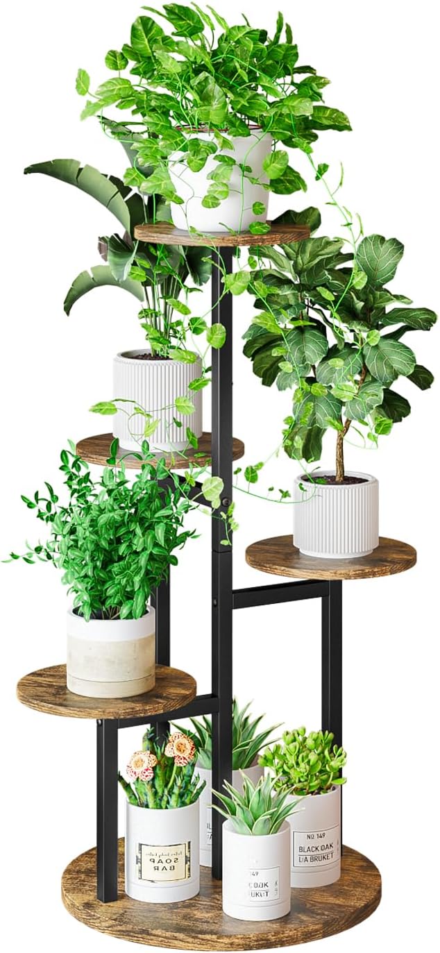INGIORDAR Plant Stand Indoor Outdoor Corner Flower Stands Multiple Flower Pot Holder for Patio Garden Balcony Living Room 5 Tier Black+Rustic Brown