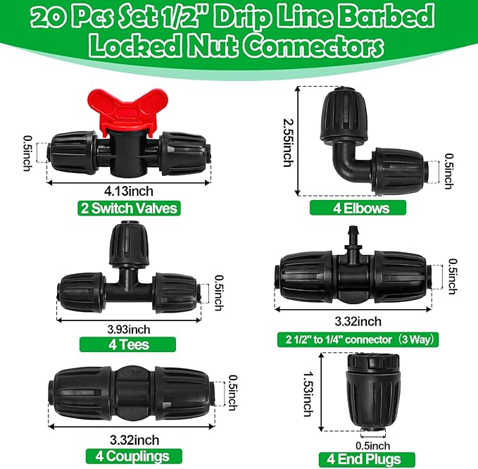 1/2 Inch Drip Tubing Irrigation Fittings Kit - 20 Pieces Set 1/2'' Drip Line Anti-Drop Barbed Lock Nut Connectors- 4 Couplings 4 Tees 4 Elbows 2 Valves 2 1/2'' to 1/4'' Reducers 4 Plugs