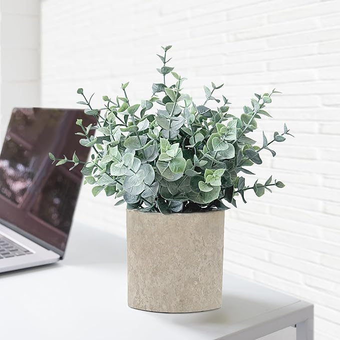 2 Pack Fake Plants Eucalyptus Small Potted Artificial Plants Indoor Greenery for Shelf Desk Home Bathroom Modern Farmhouse Living Room Coffee Table Decor
