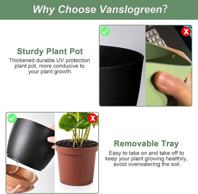 Vanslogreen Planters for Indoor Plants 3 Pack, 10/9/8 Inch Self Watering Flower Pots with Drainage Hole, Plastic Large Plant Pots (Black)