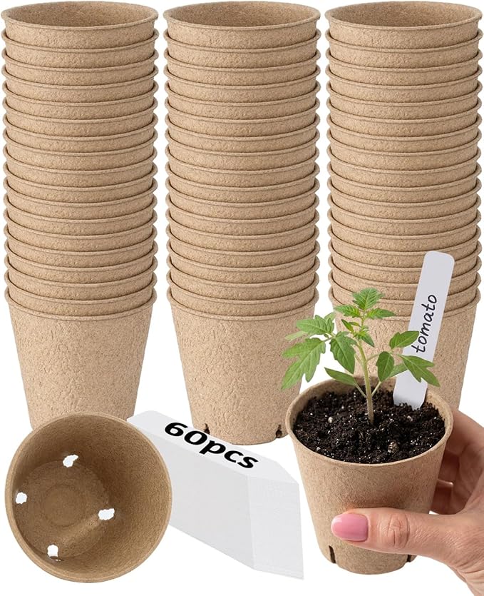 3.15Inch Peat Pots 60Pcs Biodegradable Pots for Seedling, Round Plant Seed Starter Pots with 60Pcs Plant Labels, Garden Germination Nursery Pots for Flower Vegetable Saplings & Herb Seed Germination