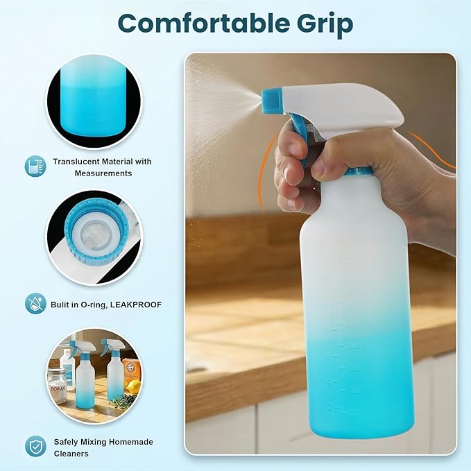 Spray Bottles 16.9oz HDPE Spray Bottle for Hair Mist/Stream Empty Heavy Duty Refillable Containers for Cleaning Solutions, Plants, Vinegar 2 Pack (Blue, 16.9oz)