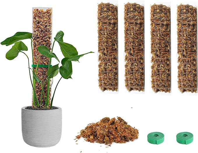 EOX 4 Pcs 15 Inch Plastic Moss Pole for Plants Monstera Set with 5.3oz/150g Sphagnum Moss, Plant Poles for Climbing Plants, Plant Support for Indoor Plants, Garden Ties