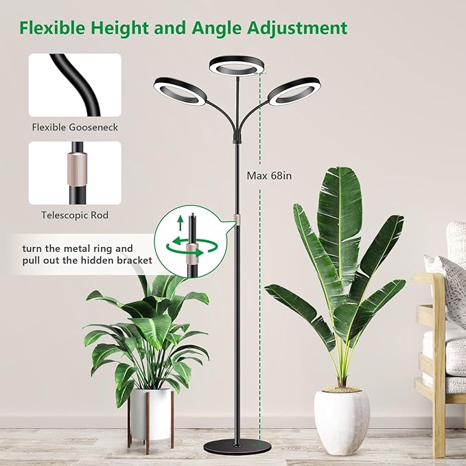 Aumtrly Grow Lights for Indoor Plants, 3 Head Full Spectrum Plant Light with 68" Adjustable Stand for Growing Large Tall Plants, Black Halo Floor LED Grow Lamp with 16 Hour Timer