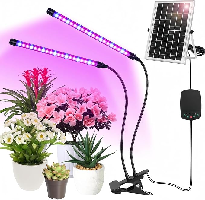 Solar-Powered Grow Lamp with Battery, 2-Head 40 LED Full Spectrum Clip Light, 16.4FT Cable, USB Charging, Timer & Dimmable Settings for All Growth Stages