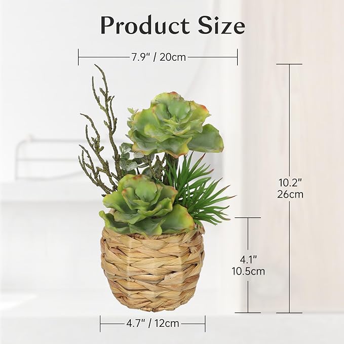 Villa Como 10" Large Succulents Plants Artificial in Wooden Pots, Potted Faux Succulent Arrangement with Woven Pots, Fake Desk Succulents Plants for Home Bathroom Shelf Table Indoor Decor