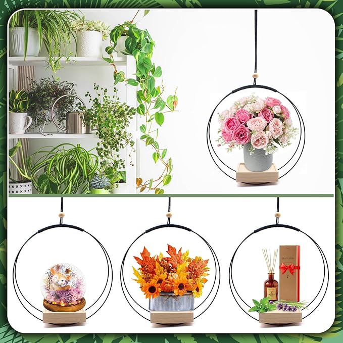 Hanging Planter for Indoor Plants,Plant Hanger with Wood Base,Boho Macrame Hanging Plant Holder,Wall Ceiling Window Hanging Plant Holder,Home Décor, Black, Round(Plants/Pots Not Included)