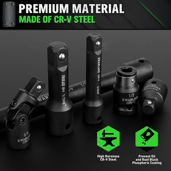 18-piece Impact Socket Extension Set Tools, Swivel Universal Joint, Deep 1/4", 3/8", 1/2" Drive Socket Adapter, Extension Bar, 3 Ratchet Coupler, CR-V Steel Alloy Corrosion-Resistant Mechanic Tools