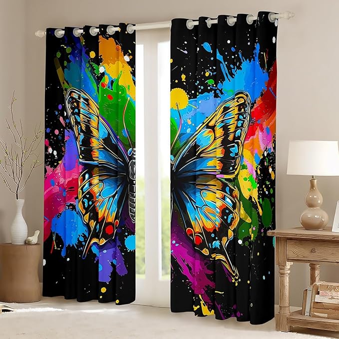 Colorful Butterfly Curtains & Drapes,Rainbow Oil Painting Window Curtains,Moth Rustic Animals Blackout Curtains 2 Panels 42"Wx90"L,3D Wildlife Window Treatments Blue Teal Green Yellow Red