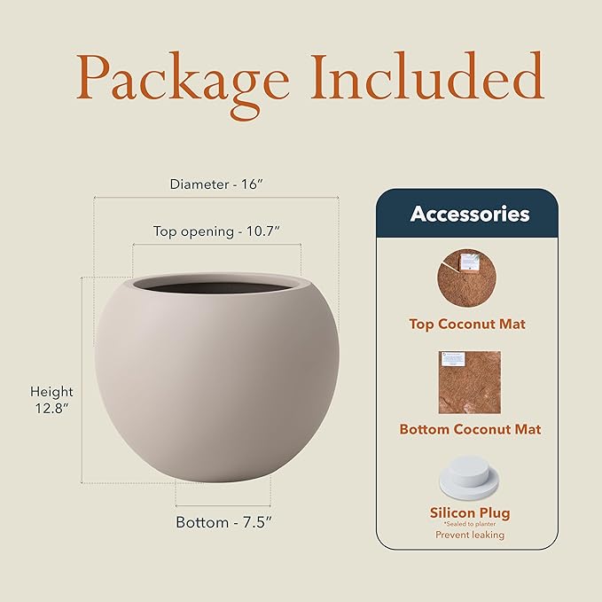 KUTE NEST 12.8"H x 16"D Premium Globo Fiberstone Round Planter with Drainage Hole, Smooth Finishes, Weather Resistant for Indoor and Outdoor Use, Included 2 Extra Coco Mats (Taupe, 10.7" Pot Opening)