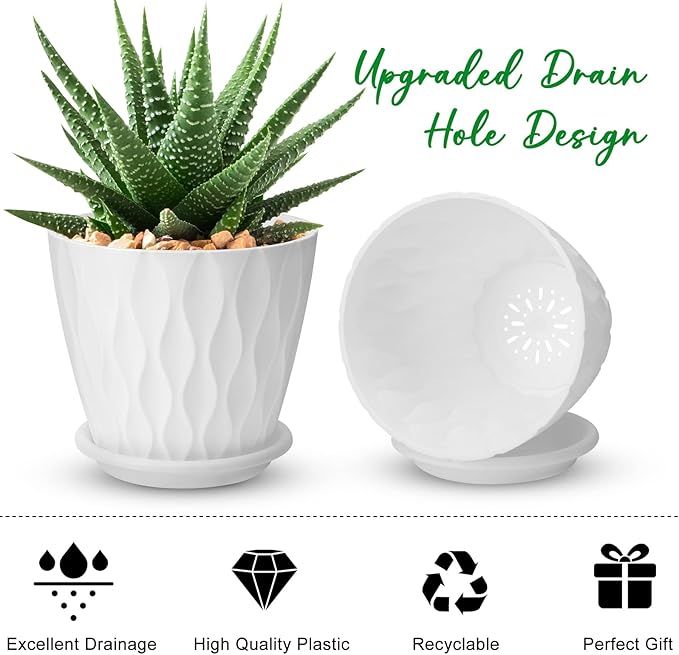 YNNICO 6 inch Plant Pots, 5 Pack Flower Pots Outdoor Indoor, Planters with Drainage Hole and Tray Saucer（White