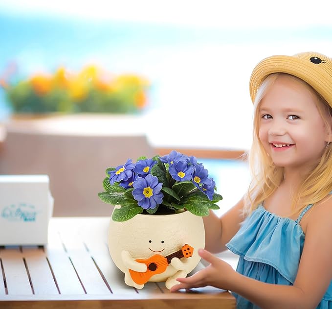 Face Planter Pot Funny Smiley Head Plant Pots with Drainage Hole for Indoor Plants, Cute Guitar Succulent Flower Pot, Unique Gifts on Birthday, Christmas