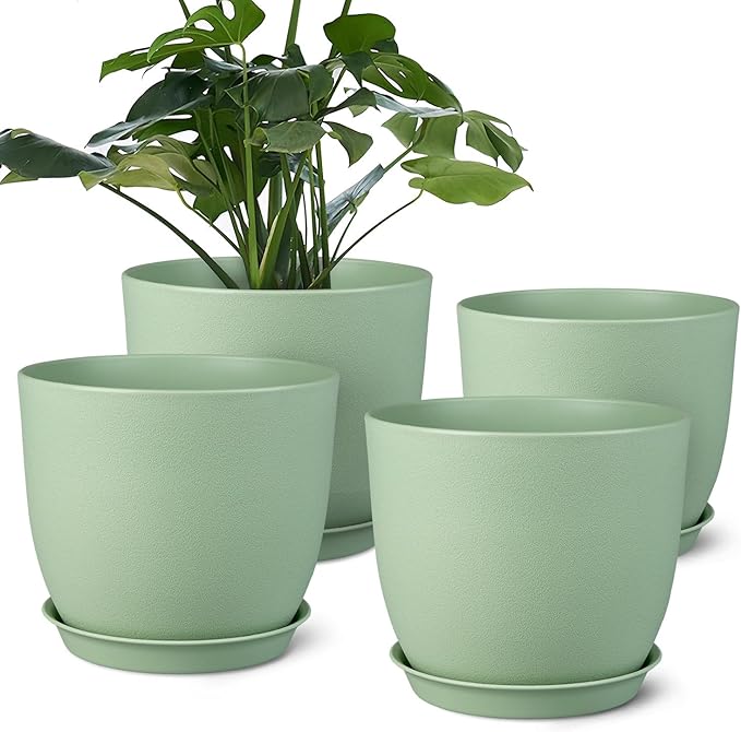 Ferlypote Plant Pots 8 Inch Set of 4, Flower Pots with Multi Mesh Drainage Holes, Planters for Indoor Outdoor Garden Plants and Flowers（Green）