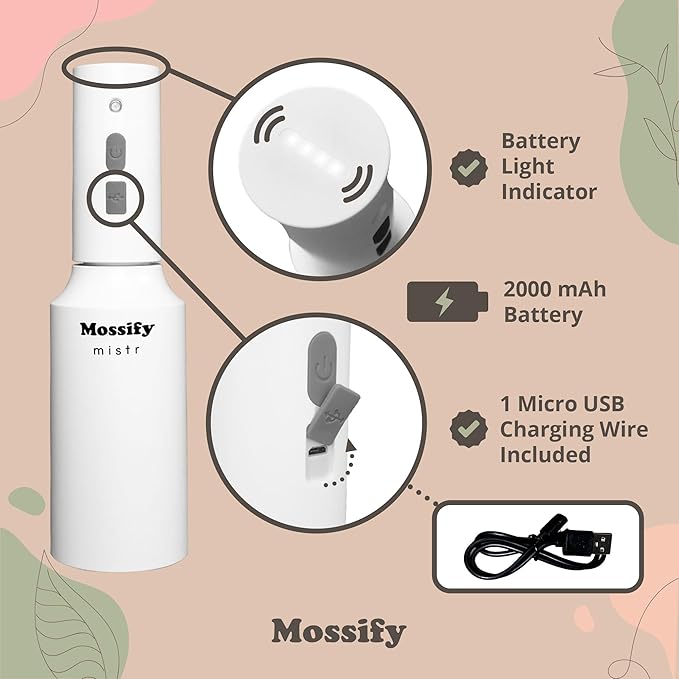 Mossify Mistr Electric Plant Mister – Battery Powered Sprayer, Automatic Spray Bottle for Houseplants, Adjustable Outdoor & Indoor Plant Mister, USB Rechargeable Electric Sprayer & Hands-Free Watering
