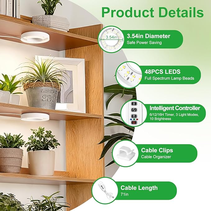 RWNTAO 3.54" Ceiling Grow Light for Indoor Plants, Warm&White Full Spectrum Plant Light, Growing Lamp with 6/12/16H Auto Timing, 10 Dimmable Brightness Levels for Small Plants,2Head