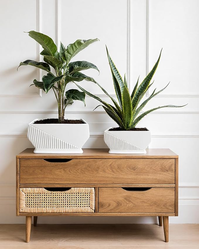 OXART Ceramic Plant pots Indoor Pots Set with Drainage Holes, 12+9 inch Flower Pot Rectangle Planters Pots for Plants for Plants Lilies, Cacti, Succulents, and Pothos, No Trays (White-1)