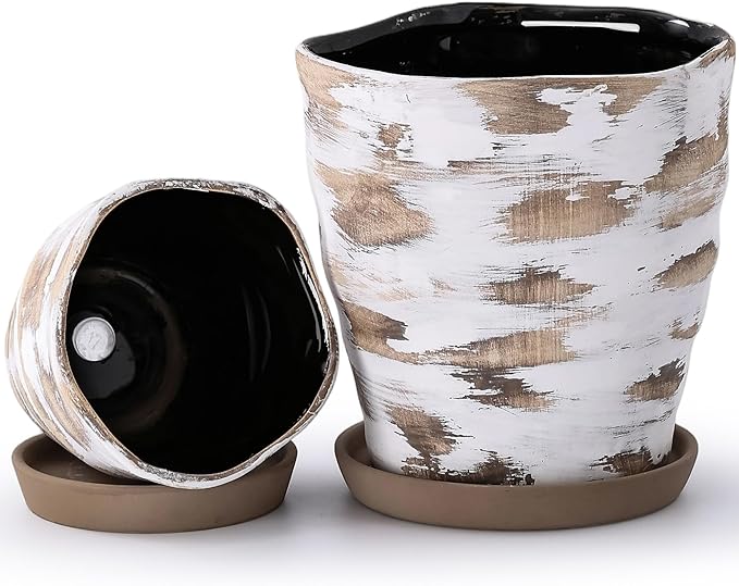 Modern Irregular Ceramic Planter Set of 2-4+6 Inch Unique Reactive Glaze Flower Pots with Drainage Holes & Saucers - Indoor Outdoor Decorative Succulent Orchid Pots, Light Brown
