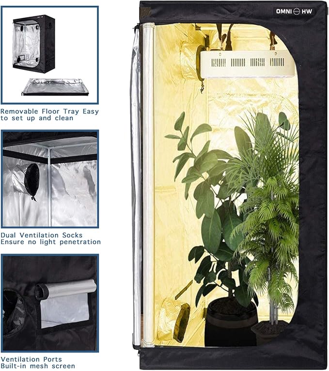 OmniHW Heavy Duty 1680D Grow Tent 48" x 48" x 80", 100% Reflective Mylar Professional Indoor Growing Tents with Observation Window and Removable Floor Tray for Indoor Hydroponic Plant - 4' x 4'