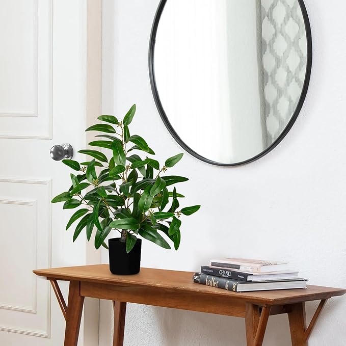 Artificial Plants Indoor with Pot, 19.7" Fake Potted Plants Eucalyptus Leaves, Silk Plant for Home Decor Indoor Plants Artificial for Home Office Bedroom Farmhouse Entry Table Shelf Decor, Deep Green
