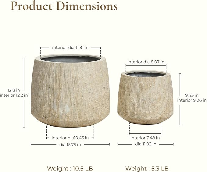 LuxenHome Round Tapered Planters, Set of 2 Outdoor Indoor Plant Pots with Drainage Hole, Decorative Lightweight Flower Pots, Rustic Wood Grain Texture Concrete Planter Pots for Home Garden Patio