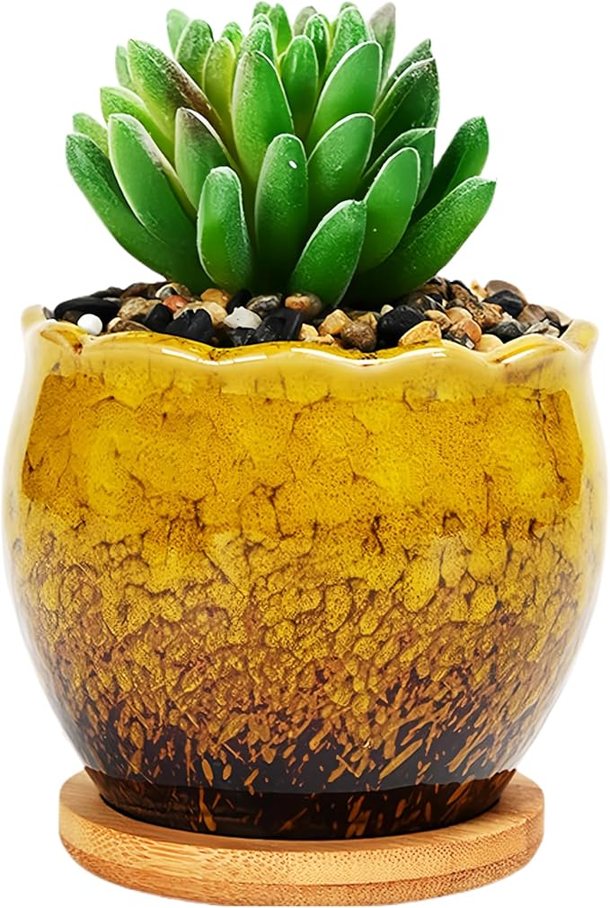 Cute Circular Ceramic Home Garden Decoration Succulent Cactus Flower Pots Container with Bamboo Tray -Plant Not Included (Yellow, 3.9 Inch)