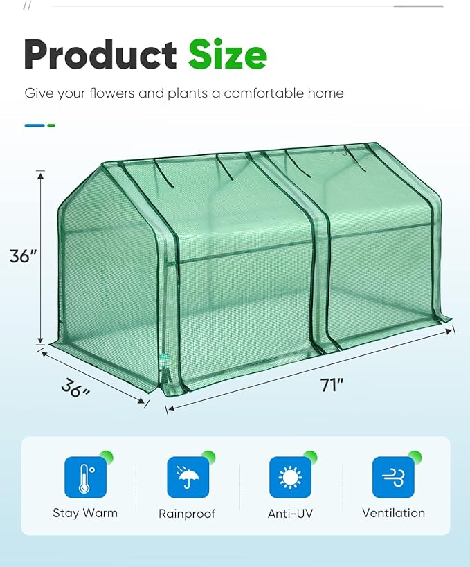 Quictent Mini Greenhouse, Portable Quick-Setup Small Tabletop Waterproof UV Protected PE Cover Shelter for Outdoors/Indoors W/ Raised Base for Garden Plant Seed Starting, 71"x36"x36", Green