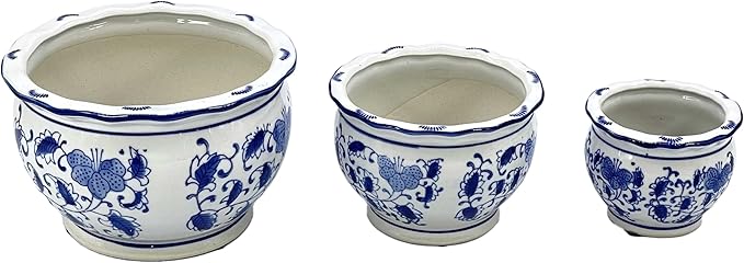 Galt International Blue & White Floral Porcelain Ceramic Decorative Compact Flower Pot 8"/6"/4.5" Diameter Garden Pots Chinese Asian Design - Set of 3 Round Pots