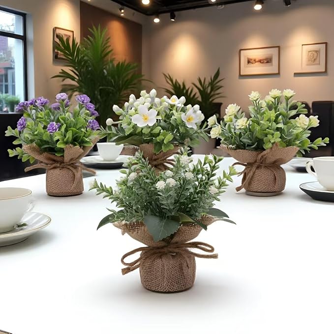 Artificial Plant Decorations mini Greenery Fake Plants Indoor Outdoor Cute Small Faux Eucalyptus House Home Living Room Bathroom Table Desk Office Hotel Spring Decor 4 Kinds of Flowers