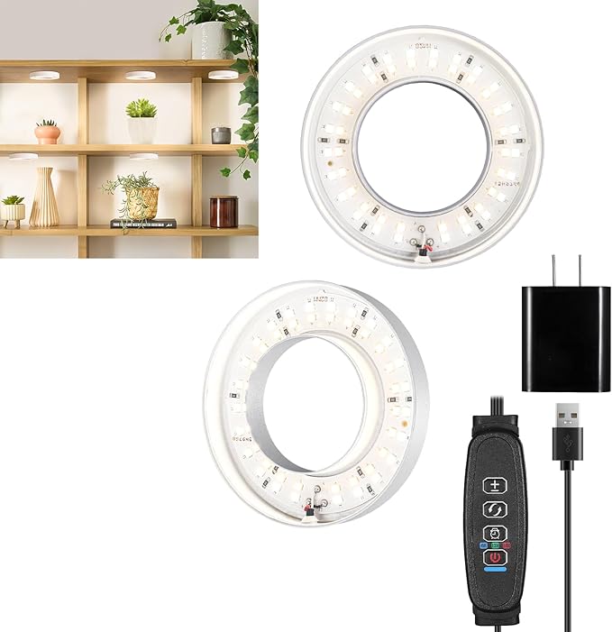 Ceiling LED Plant Growth Lights for Indoor Plants, Warm+White Full Spectrum 3.54" Grow Lamps for Plant Growth with 6/12/16H Timer, 3 Spectral Modes, 10 Dimmable Levels, Halo Angel Ring White (2 Head)