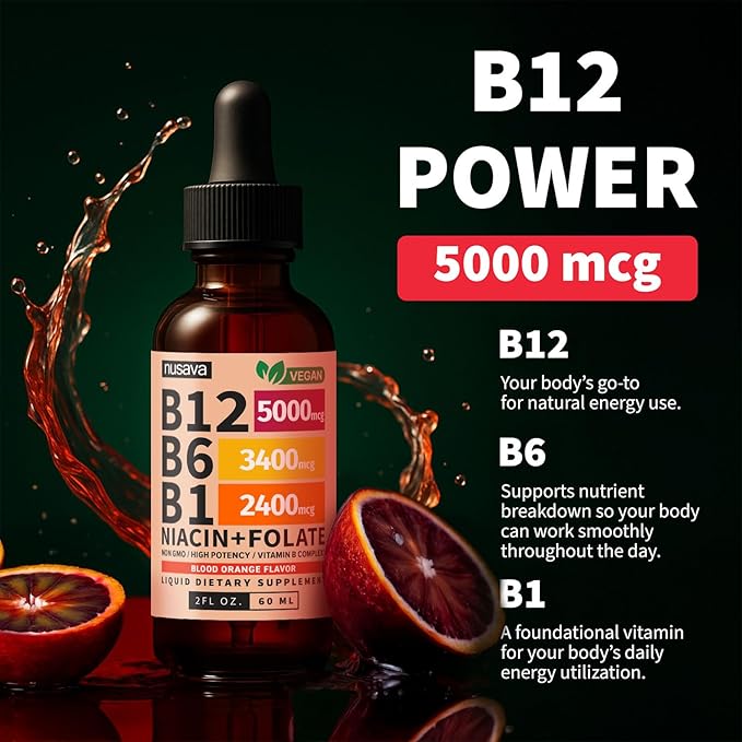 (2 Pack) Vitamin B12 and B6 Liquid Drops, B12 Sublingual Vitamin B Complex - B 12 Vitamin 5000mcg - B12 Methylcobalamin for Energy, Brain, Heart Support with 27,200 mcg, Crimson Orange, 80 Servings