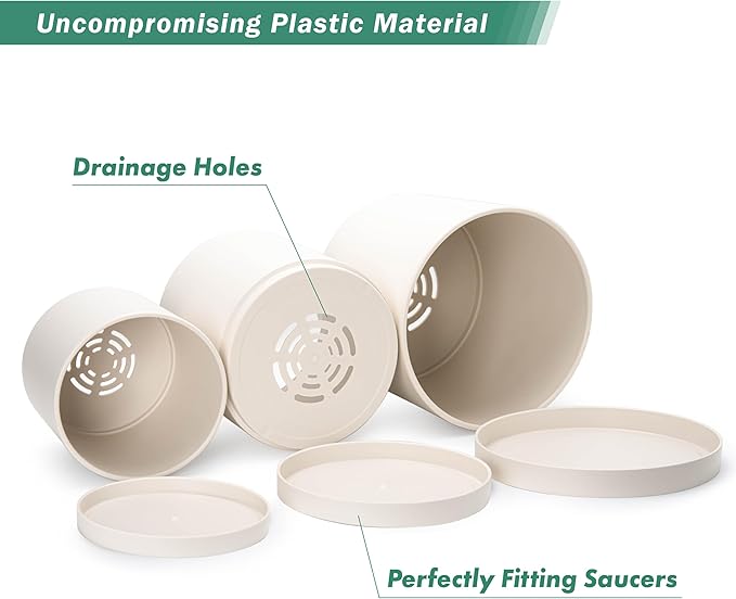 D'vine Dev 8 Inch 10 Inch 12 Inch, Set of 3 Plastic Planter Pots for Plants with Drainage Hole and Seamless Saucers, Oatmeal, X-Large, 74-V-H-5