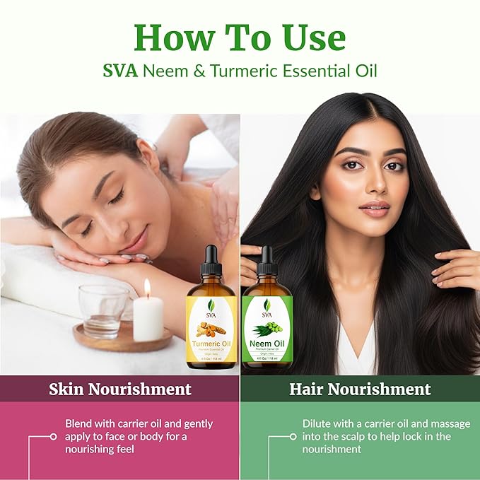 SVA Neem Oil 4 oz and Turmeric Oil 4 oz Bundle Super Saver Combo – Premium Grade Value Set for Hair Oiling, Scalp Massage, Hair Care, Skin Care and Body Massage
