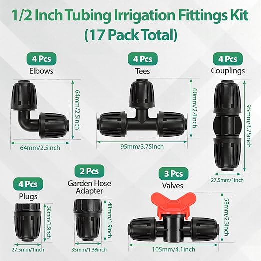 RedChili 17 Pcs 1/2 Inch Irrigation Tubing Fittings Kit, (1/2" ID x0.6-0.65" OD) 16mm Drip Tubing Barbed Locked Nuts Connectors with 2 Couplings 4 Tees 2 Ends 4 Elbows 3 Valves 2 Faucet Adapters