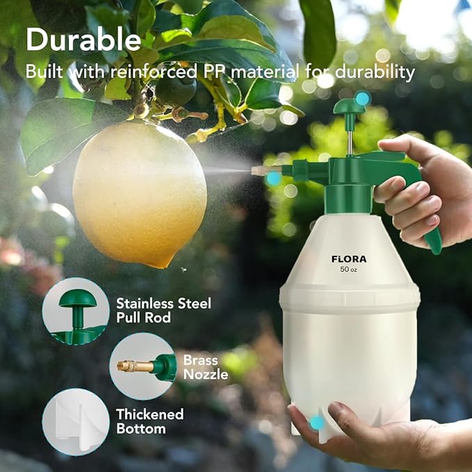 Flora Handheld Garden Pump Sprayer, 0.4 Gallon (50 oz/1.5L) Pressure Water Bottle with Adjustable Brass Nozzle, for Plants, Lawn, and Cleaning (Green) or (Red)
