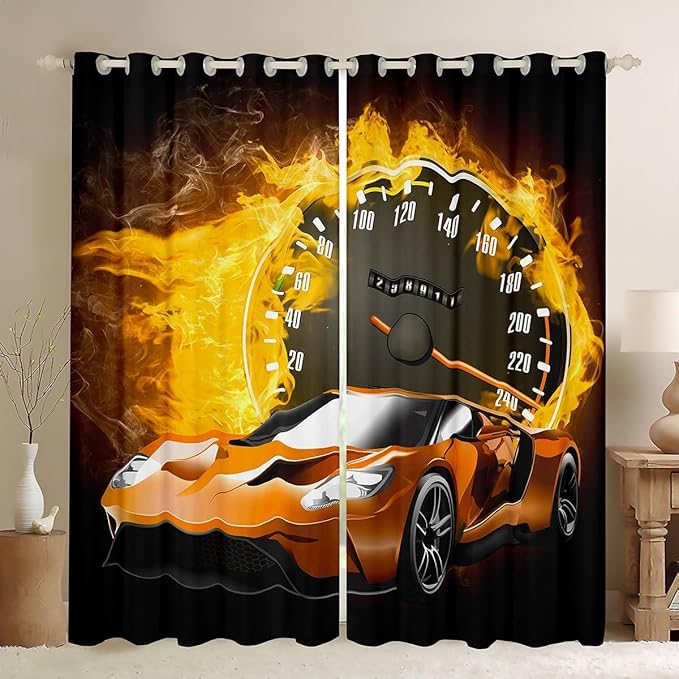 Orange Race Car Blackout Curtains,Cool Speed Sports Cars Racing Game Curtains & Drapes,Competitive Games Window Curtains 2 Panels 52"Wx63"L,Extreme Sport Theme Decor Yellow Fire Window Treatments