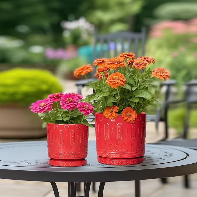 Eightpot 10 Inch Plant Pot, Ceramic Pots for Plants for Indoor Outdoor Plants, Round Planter with Drainage Hole and Tray, Boho Decorative Flower Pots, Front Porch Decor, Gifts for Plant Lovers, Red