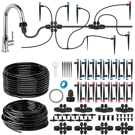 Drip Irrigation System, Automatic Garden Watering Kit, Quick-Connect Watering Misting Drip Irrigation System for Greenhouses,Yards,Lawns,Raised Beds,with 98ft 1/4''& 49ft 1/2" Tubing and Accessories