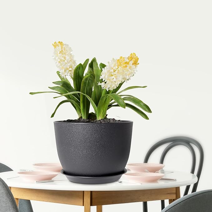 Meowell 12 inch Large Plant Pots, Plastic Planters with Drainage Holes and Saucers, Flower Pots for Indoor Outdoor Plants, Modern Decorative Pots for Garden House Plants, Black