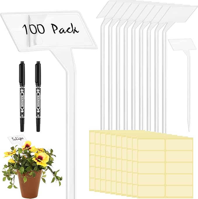 202 Pcs Large Plant Labels Kit, Include 100 Outdoor Plastic Plant T Type Tags Waterproof Reusable Plant Markers Stakes, 100 PET Films and 2 Marker Pens for Garden Herbs Flowers Pot (White, 6 Inch)