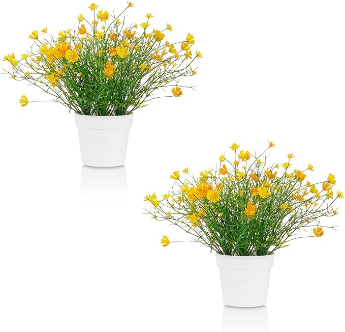 Babys Breath Potted Fake Plants with Flowers Faux Plants Indoor for Home Office Bookshelf Table Farmhouse Room Decor, Yellow (Pack of 2)