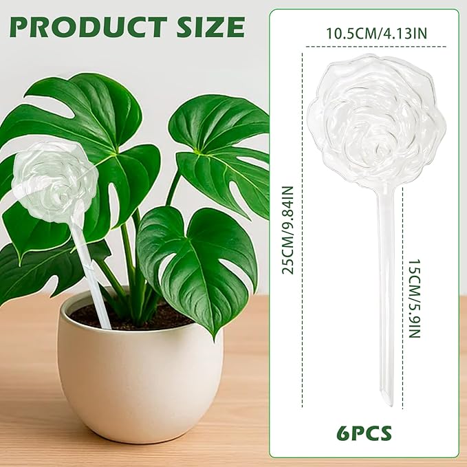 6 Pack Plant Watering Globes, Self Watering Bulbs Drip Irrigation Device for Indoor and Outdoor Plant, Vacation Plant Watering Devices (Rose Shape)