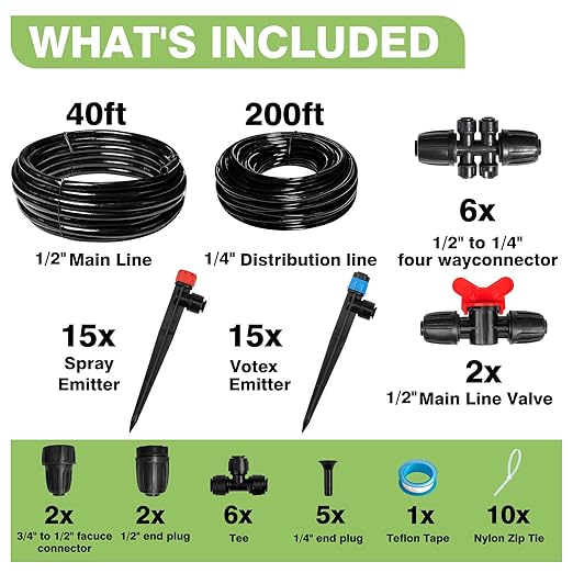 Maotong 240FT Drip Irrigation System Kit New Quick-Connect, Automatic Garden Watering Misting System for Greenhouse, Yard, Lawn, Plant with 1/2 inch Hose 1/4 inch Distribution Tubing and Accessories