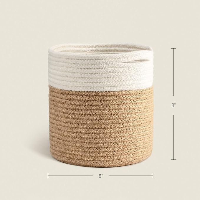 TIMEYARD Jute Rope Plant Basket Small Woven Storage Baskets for Up to 7" Planter, 8" x 8" Decorative Plant Pot Cover Woven Planter Basket Laundry Baskets with Handles Modern Home Décor
