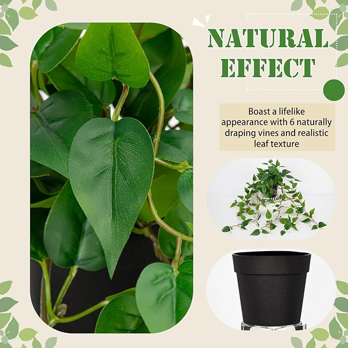 2 Pack Fake Hanging Plants for Shelf in Back Pot, Small Artificial Hanging Ivy Vine Plants Indoor Fake Potted Greenery Plant for Room Bathroom Kitchen Wall End Table Mimi Faux Pothos Plant Set Decor