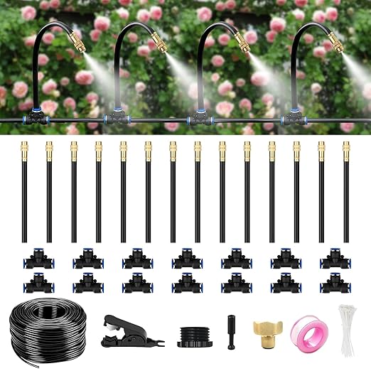 40FT Drip Irrigation System for Garden – Automatic Watering Kit with Solid Brass Metal Connectors, 360° Bendable Tubing & 14 Adjustable Nozzles for Greenhouse, Lawn, Yard & Plants